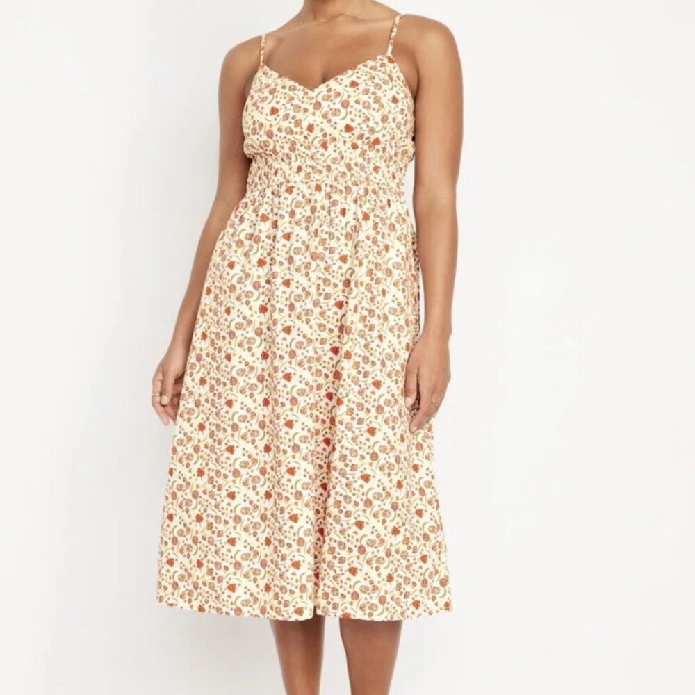 Old Navy Cream Floral Smocked Tank Midi Dress Pockets